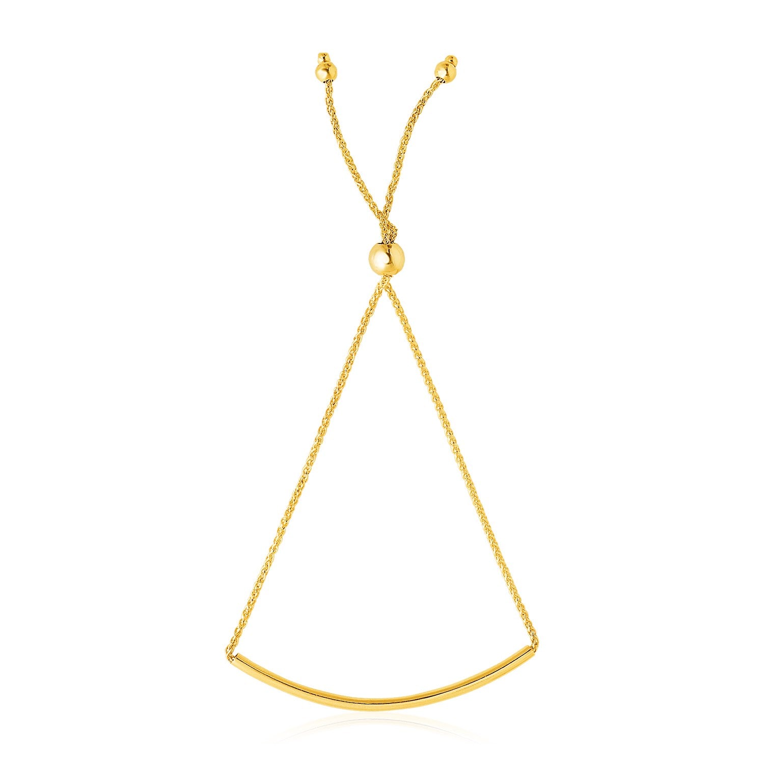14k Yellow Gold Smooth Curved Bar Lariat Design Bracelet (0.80 mm) in a sleek high-contrast midnight luxury editorial style